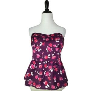 American Eagle Strapless Babydoll Top Women M 8 10 Y2K Floral Print Satin Peplum